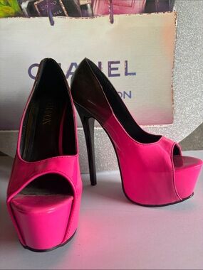 Paper Fox Hot Pink Patent Peep-Toe Platform Pumps